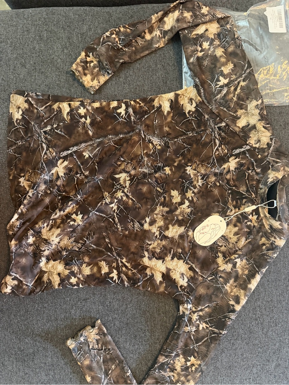 Zeagoo Mesh Long Sleeve Leaf Print Top in Brown and Cream NWT Amazon